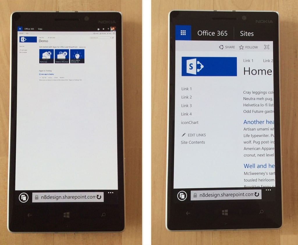 SharePoint on Lumia device - Left: without proper viewport settings on master page