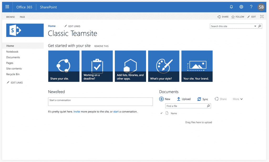Shows screenshot of a classical Team Site Landing Page in Microsoft Blue