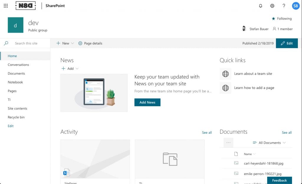 Cleaned up SharePoint user interface - without Teams or Mobile app informations