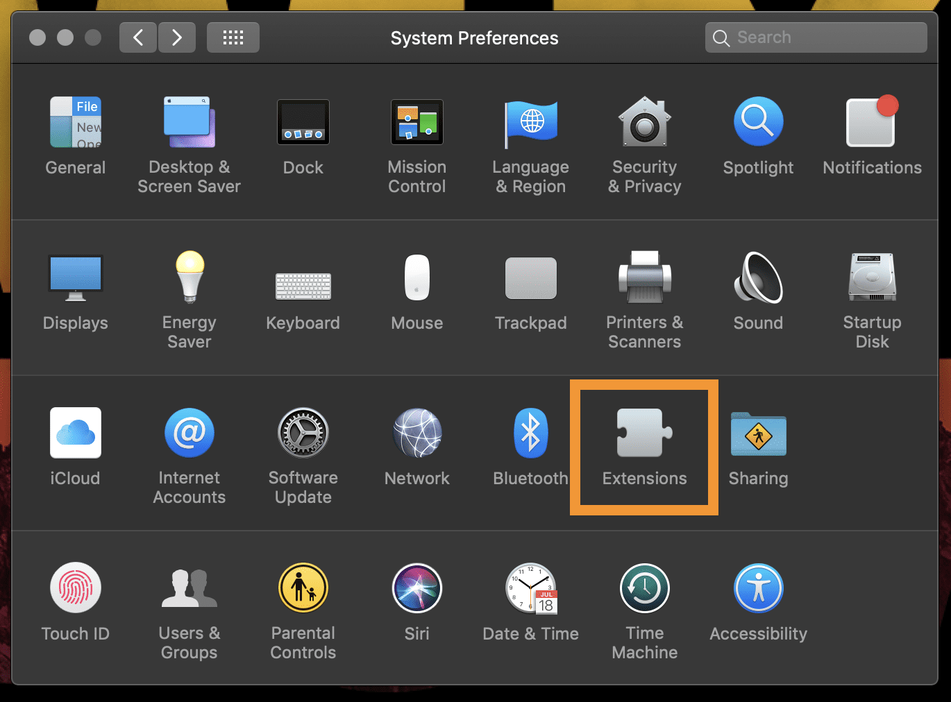 Screenshot highlight the appropriate section in system preferences