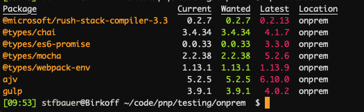 Result of npm outdated with exact version