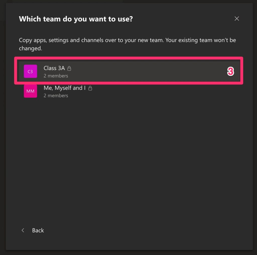 Select an existing team