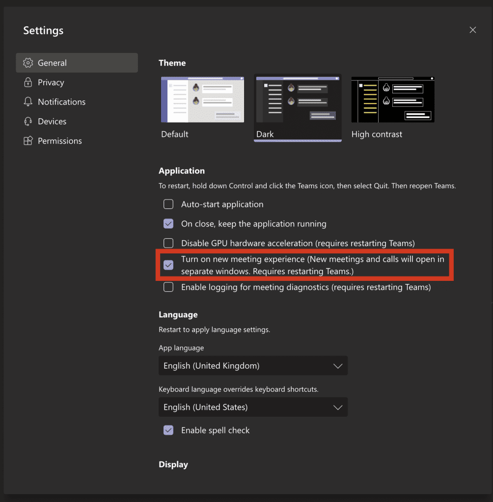 Teams settings that enables the new meeting experience