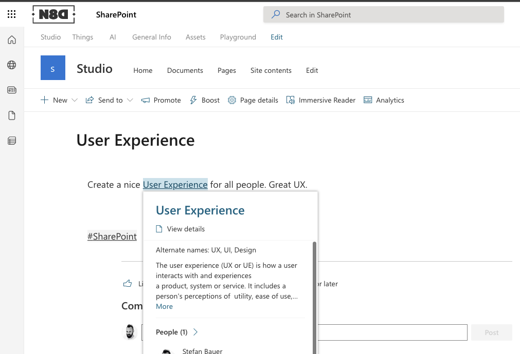 Shows User Experience highlighted on a SharePoint page