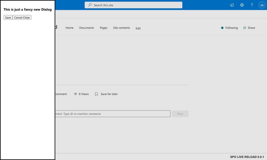 Screenshot of SharePoint with modal Dialog on the left side
