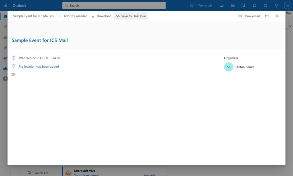 Screenshot of ics entry in outlook