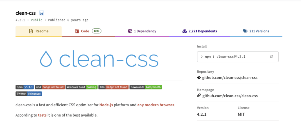 Screenshot of clean-css v4.2.1